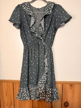 LC Lauren Conrad Teal Floral Ruffle Wrap Mini Dress